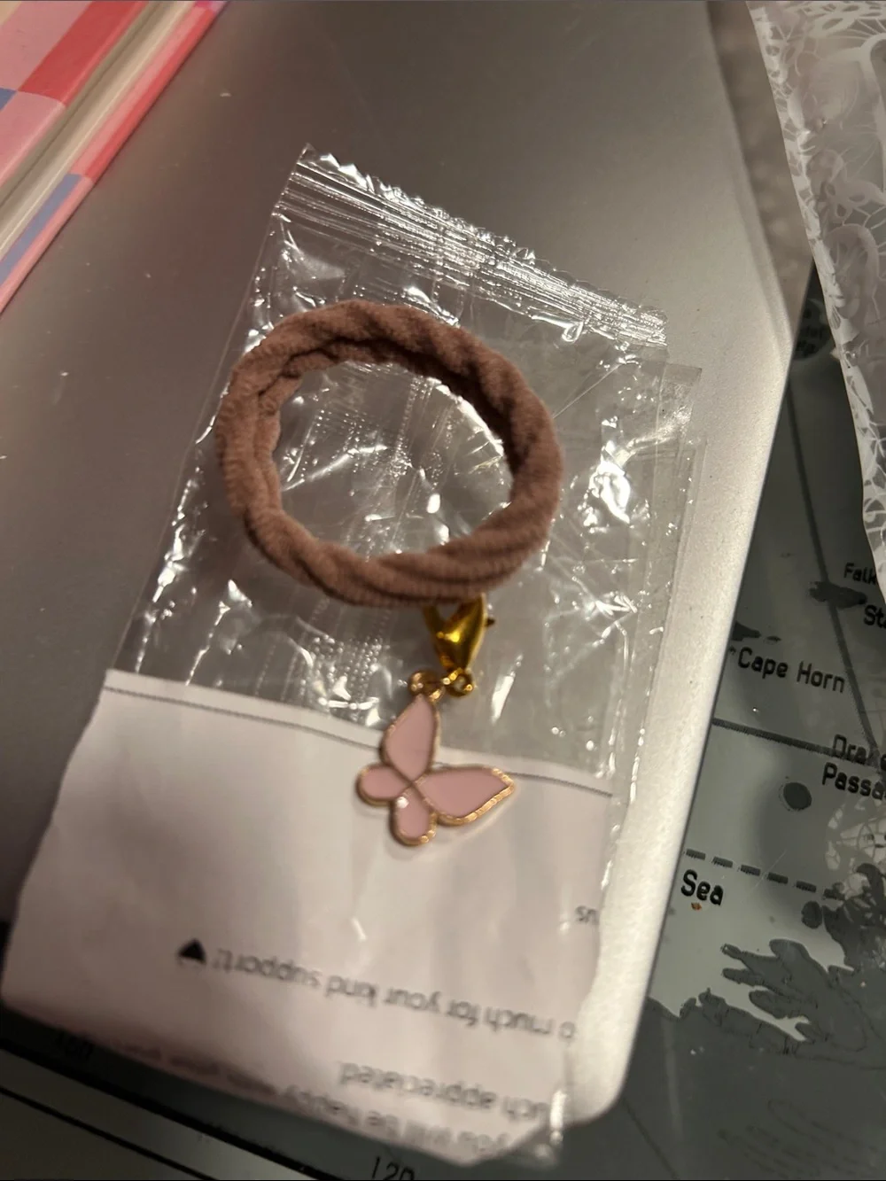 Butterfly Charm Hair Tie - Pink Butterfly on Brown Elastic